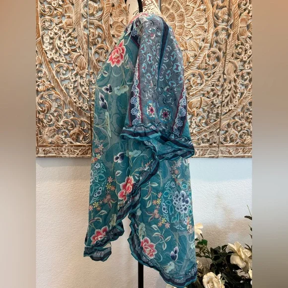 Johnny Was Teal Blue Floral & Birds Lightweight Cotton Ruffle Trim Cover-Up - Picture 7 of 12